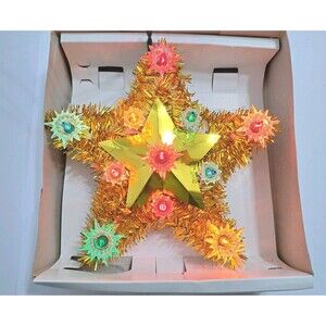 Star Tree Topper Lighted Gold Tinsel Vintage Multicolor Christmas Ornament